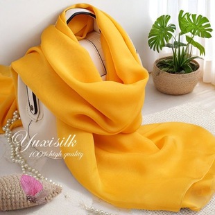姜黄色纯色桑蚕丝长款真丝丝巾披肩女纱春夏季丝绸围巾流星皱外搭