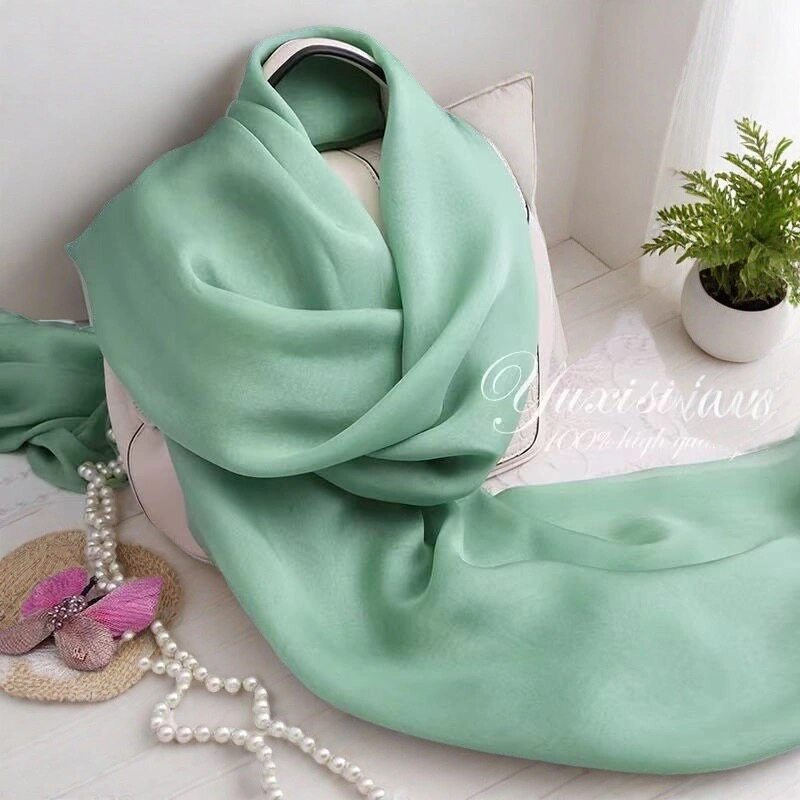 茶绿色纯色真丝围巾女士桑蚕丝巾披肩长款薄款纱巾春秋冬季保暖
