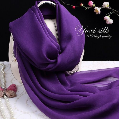 纯色桑蚕丝长款真丝丝巾防晒围巾女披肩百搭秋冬季秋季薄款深紫色