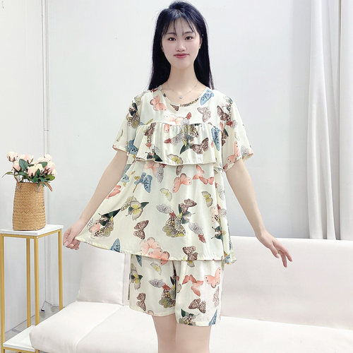 棉绸睡衣女夏季2026新款短袖短裤不带胸垫防凸点可外穿大码家居服