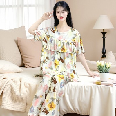 纯棉绸睡衣女士夏季2025新款短袖不带胸垫防凸点莫代尔家居服套装