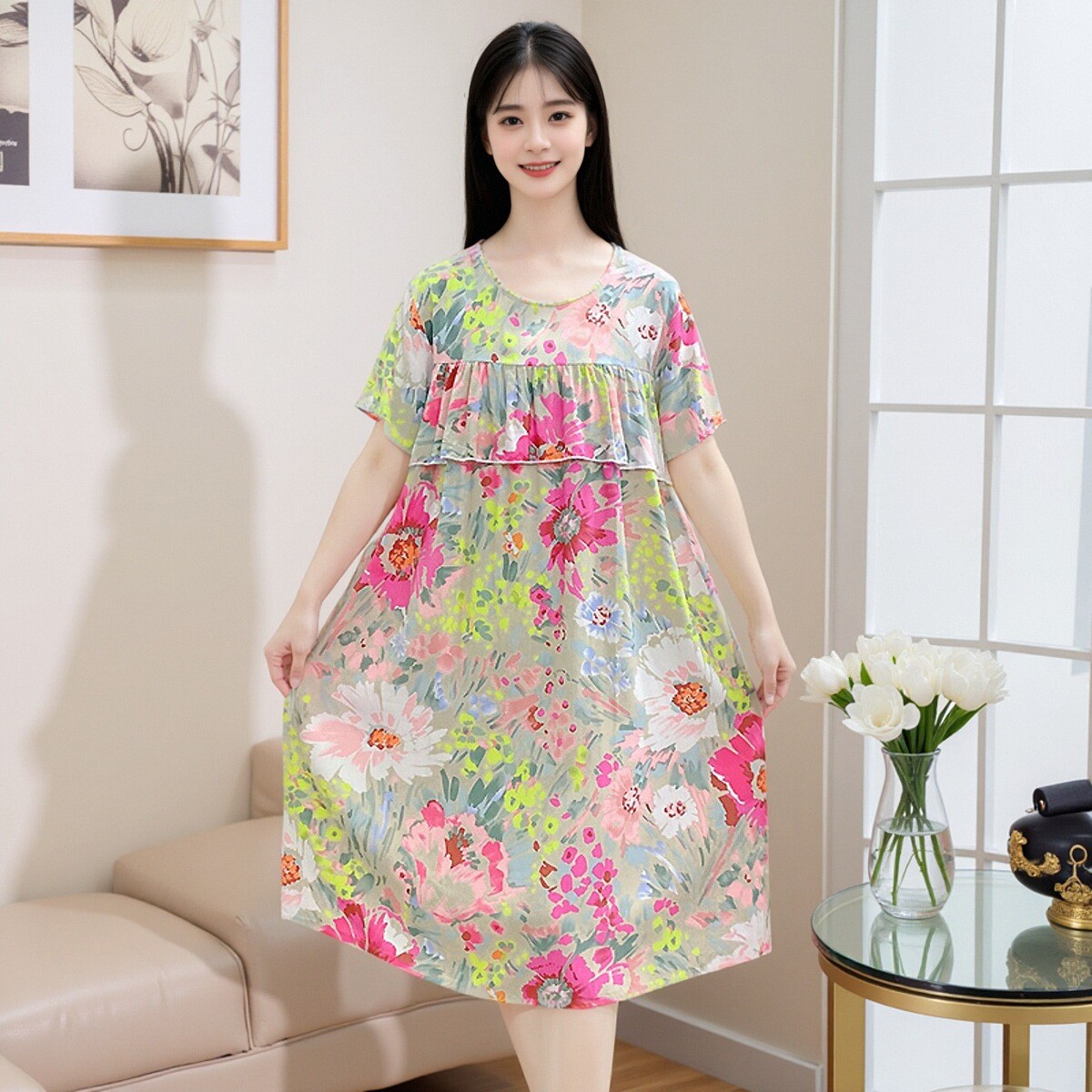棉绸睡裙夏季薄女士不带胸垫防凸点妈妈睡衣冰丝可外穿大码家居服