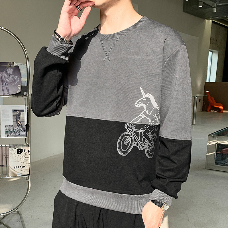 Spring men's printed round neck Pullover Sweater loose trend printed long sleeve shirt