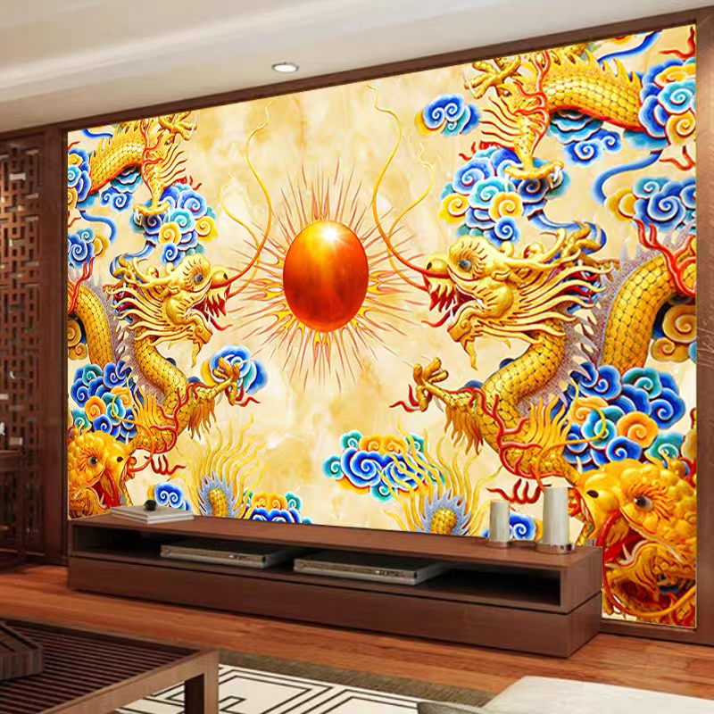 整张立体墙纸壁纸3D彩色龙祥云酒店饭店龙纹图案皇宫壁画