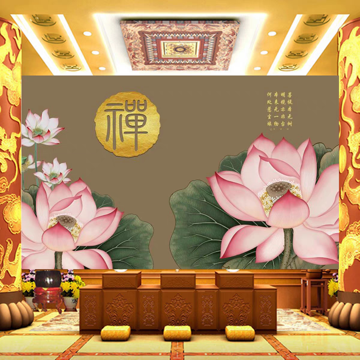 质量好防水防潮中式禅意荷花壁画