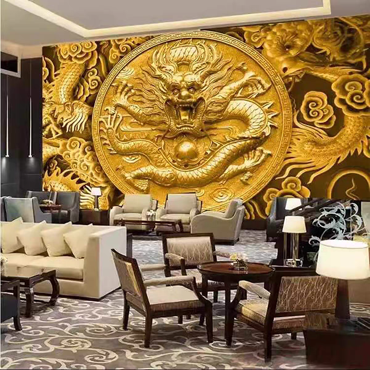 仿浮雕木龙祥云墙纸酒店会所寺庙供台佛堂背景墙画布龙纹云纹壁纸