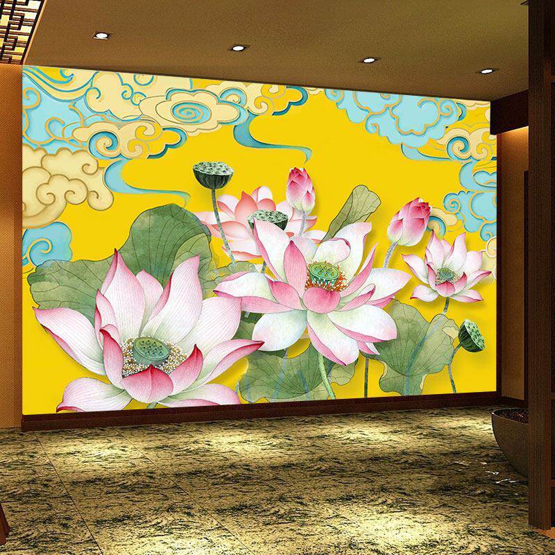 缎带式祥云佛道仙堂背景墙纸新中式养生理疗馆寺庙客厅莲花图壁画