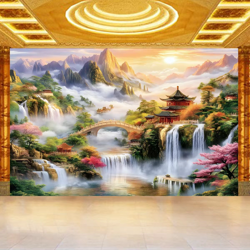 佛堂山水楼阁风景背景墙纸办公室聚宝盆壁画高山流水仙道佛堂壁纸