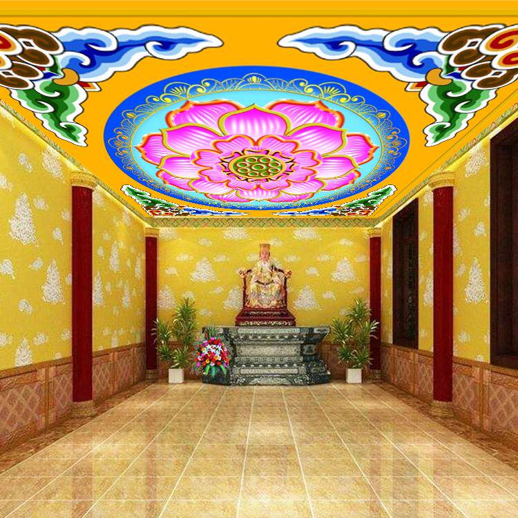藏式佛堂背景墙纸天花祥云壁纸全屋定制寺庙莲花吊顶大型墙布壁画