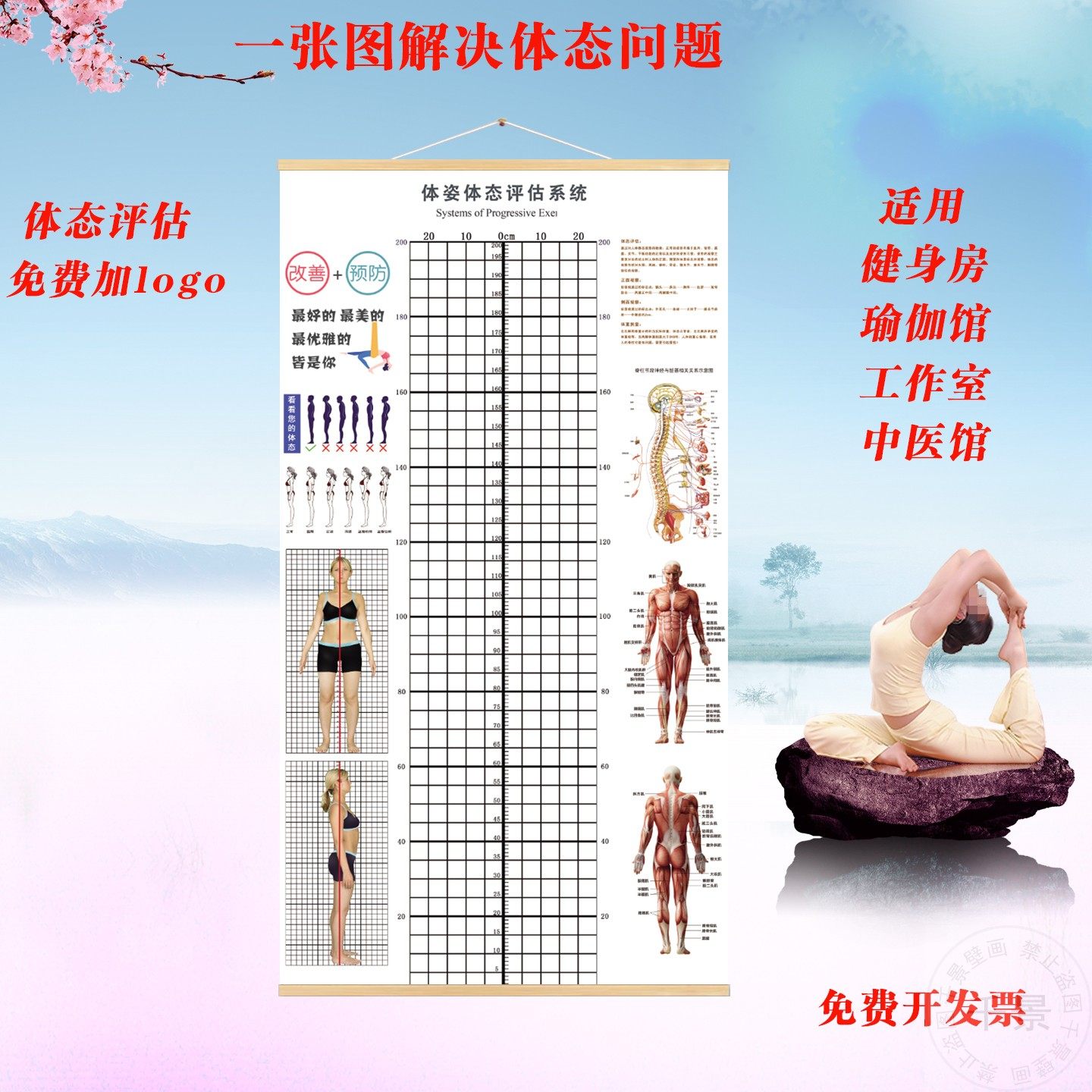 体态评估表健身房瑜伽馆墙贴挂画产后修复体测图私教矫正评估图