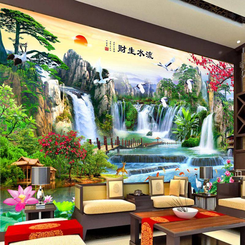 中式风景山水大厅电视沙发背景墙装饰墙布办公室壁纸壁画