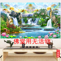 山水画背景墙中式壁画定制佛堂墙面装饰墙纸堂口供奉南天门壁画布