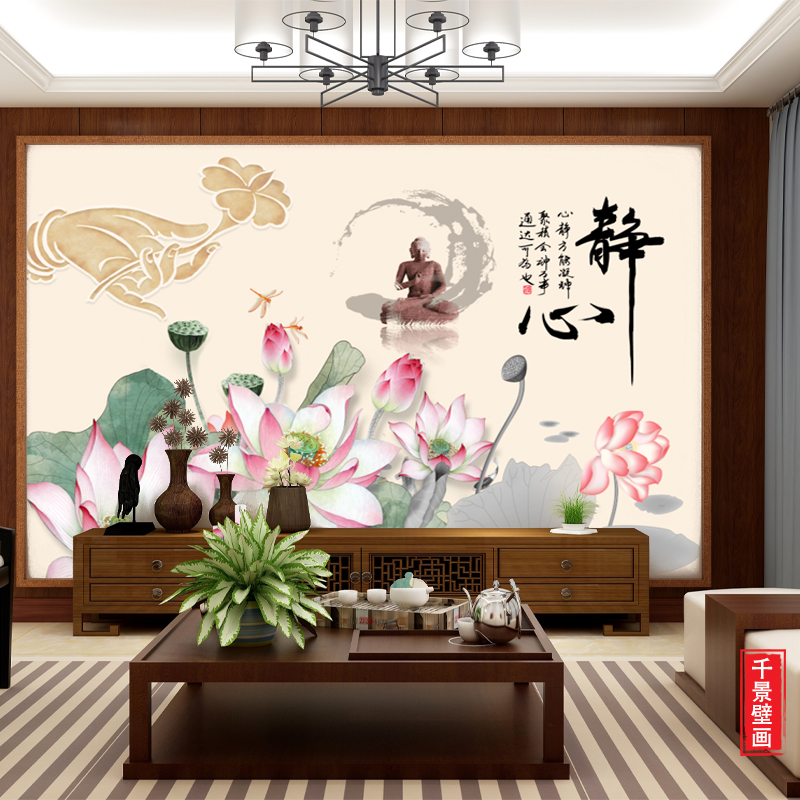 禅意墙纸静心壁画莲花佛手酒店背景墙面装饰养生馆美容院茶室壁纸图片