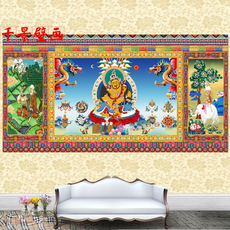 藏式黄财神藏族佛堂电视背景藏式和气四瑞壁纸四寿图唐卡壁画