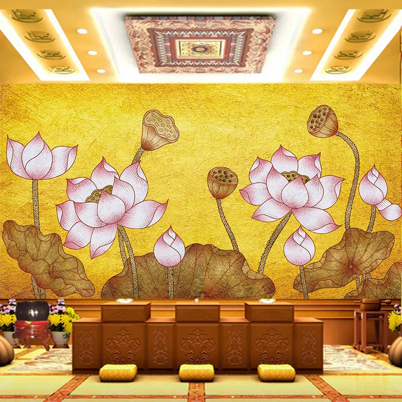 莲花墙纸寺庙禅房佛堂美容院背景墙装饰画荷叶酒店餐厅佛系壁纸