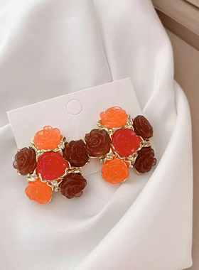 2件包邮 925银针 中古风夸张耳环新款红色高级感时尚小众设计