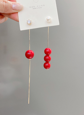 2件包邮925银针韩国东大门时尚潮流个性简约红色珍珠不对称耳环WF