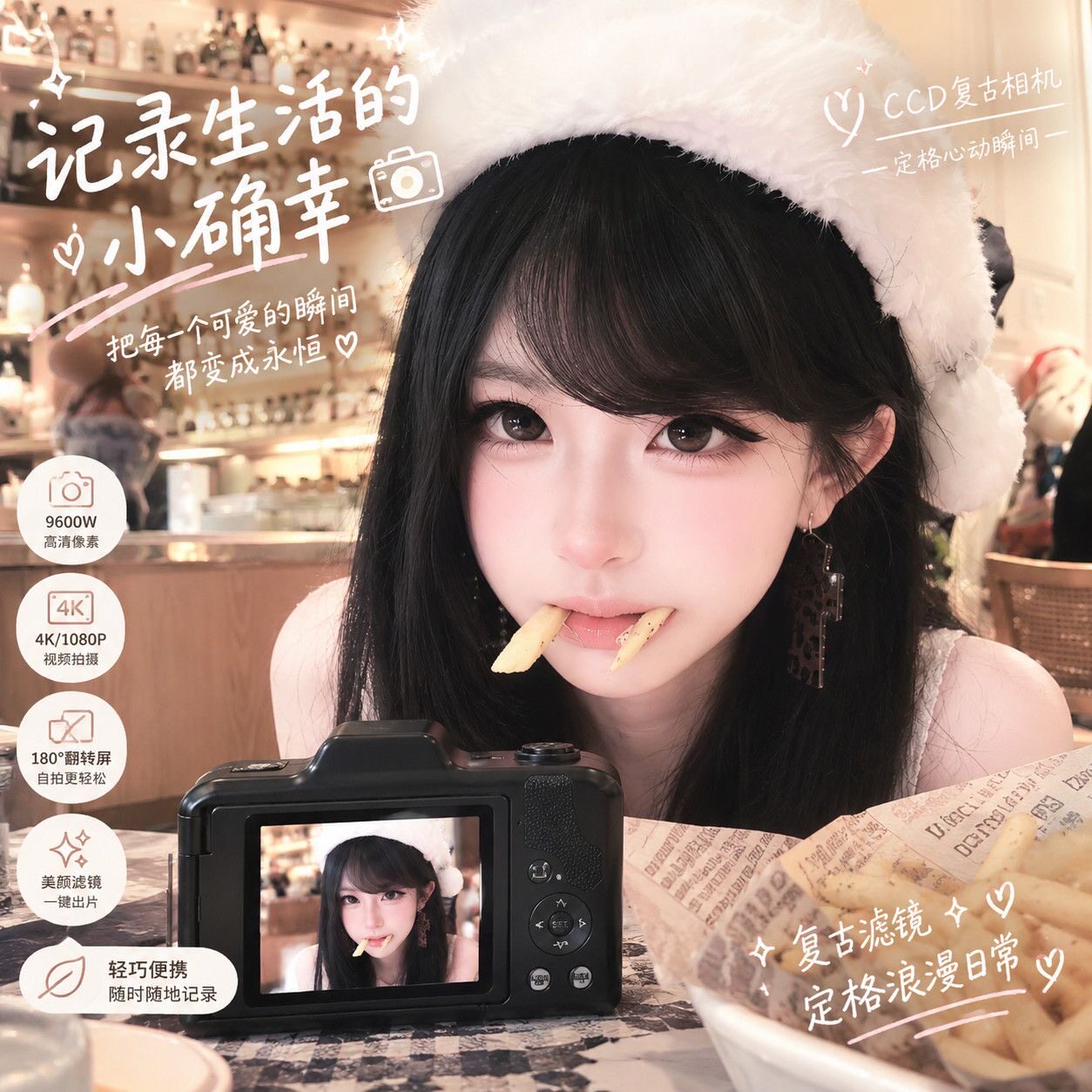 新款复古照相机翻转校园翻盖美颜自拍CCD数码相机学生录像传手机