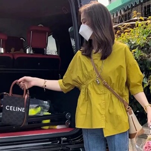 牛油果绿色短袖衬衫女韩版圆领不规则褶皱拼接休闲百搭衬衣上衣潮