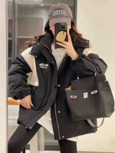 潮牌连帽外套女撞色加棉加厚休闲户外保暖冲锋衣工装派克服棉衣潮