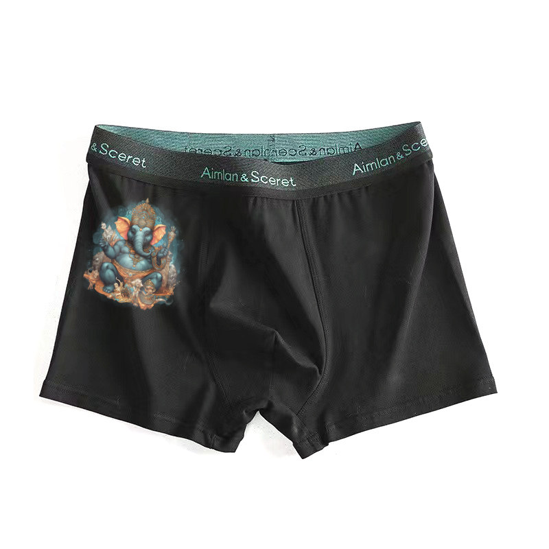 新款印度象神财富印花图案纯棉男款内裤大象男生平角裤男孩四角裤