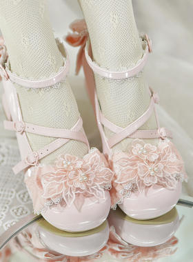全款预约 春时樱 久久lolita原创中跟圆头蕾丝花嫁Lo洛丽塔女单鞋