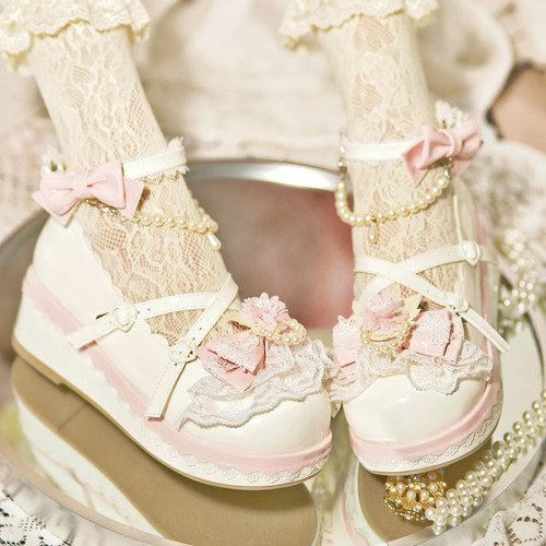 Lolita原创厚底珍珠蝴蝶结圆头