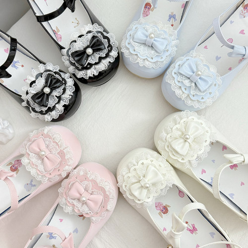 小蛋糕久久lolita洛丽塔原创蕾丝蝴蝶结圆头低跟甜美公主少女Lo鞋