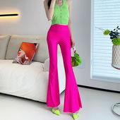 显瘦纯色加长阔腿喇叭裤 子女高腰包臀性感修身 彩色裤 春夏冰丝薄款