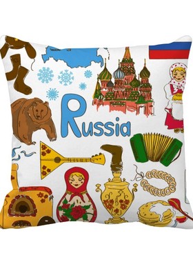 物国旗居民插画方形抱枕靠枕沙发靠垫双面含芯礼物学校幼儿园装饰