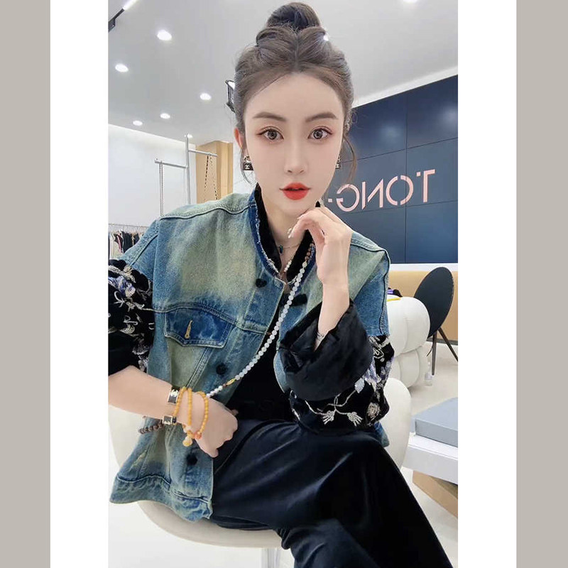 现货新中式短牛仔外套刺绣亮片