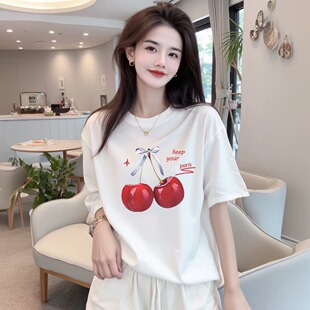 纯棉重磅潮牌印花短袖T恤衫男女夏季新款宽松落肩款半袖上衣成2