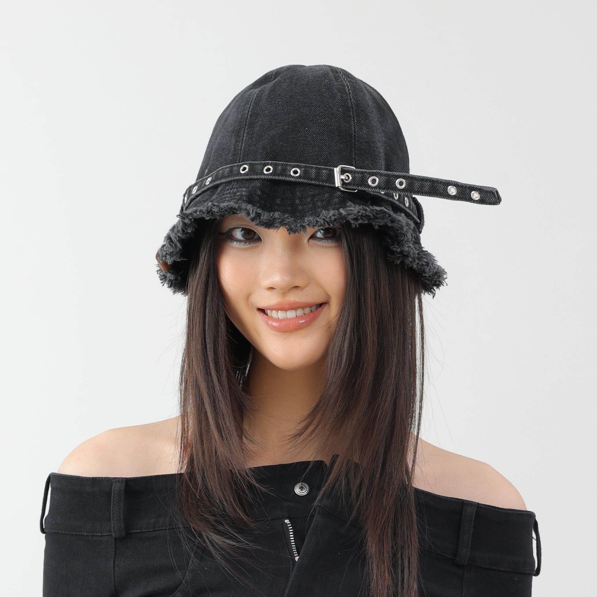 YEZI OD 大头围短檐做旧渔夫帽女腰带设计感洗水毛边包头牛仔帽子