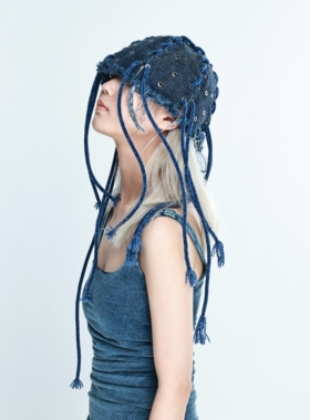 YEZI OD 原创设计感长流苏帽女金属气眼蓝色牛仔帽子春夏个性配饰