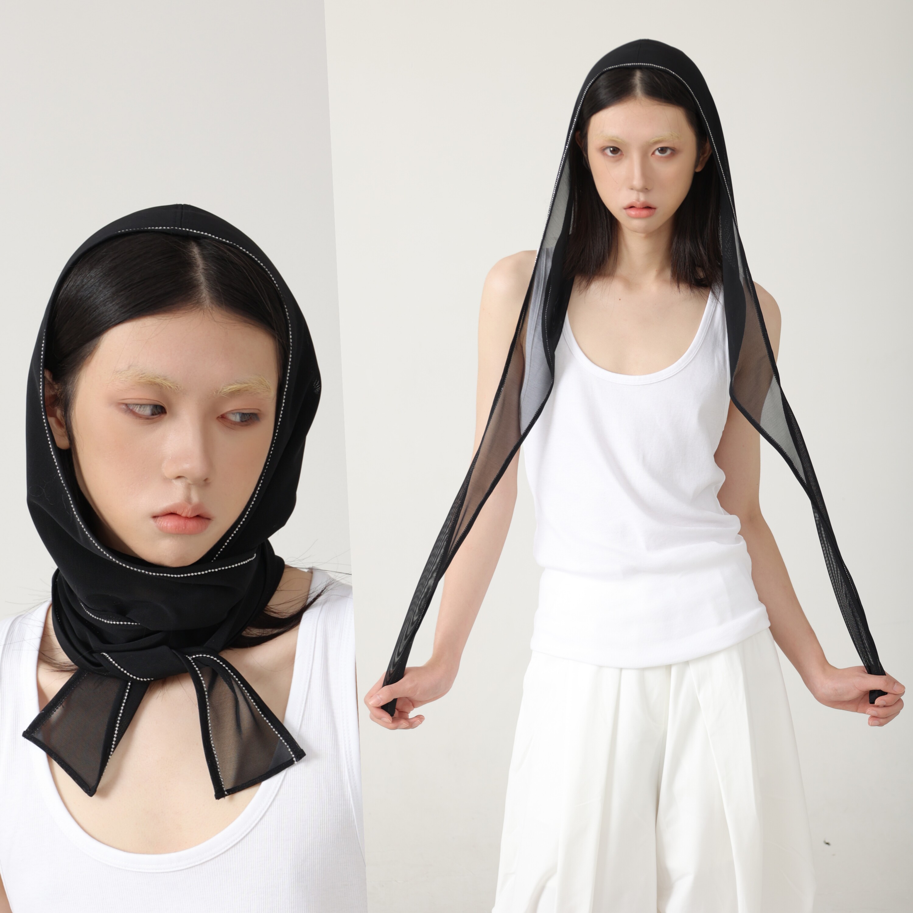 YEZI OD 2026新款y2k黑色网纱头巾女水钻绑带辣妹包头三角巾发饰
