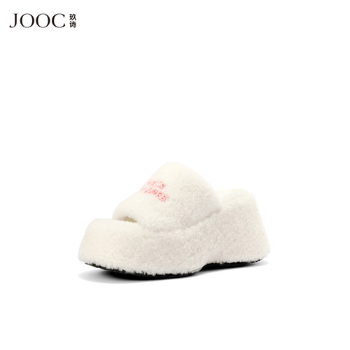 JOOC玖诗电绣羊羔新款松糕一字拖