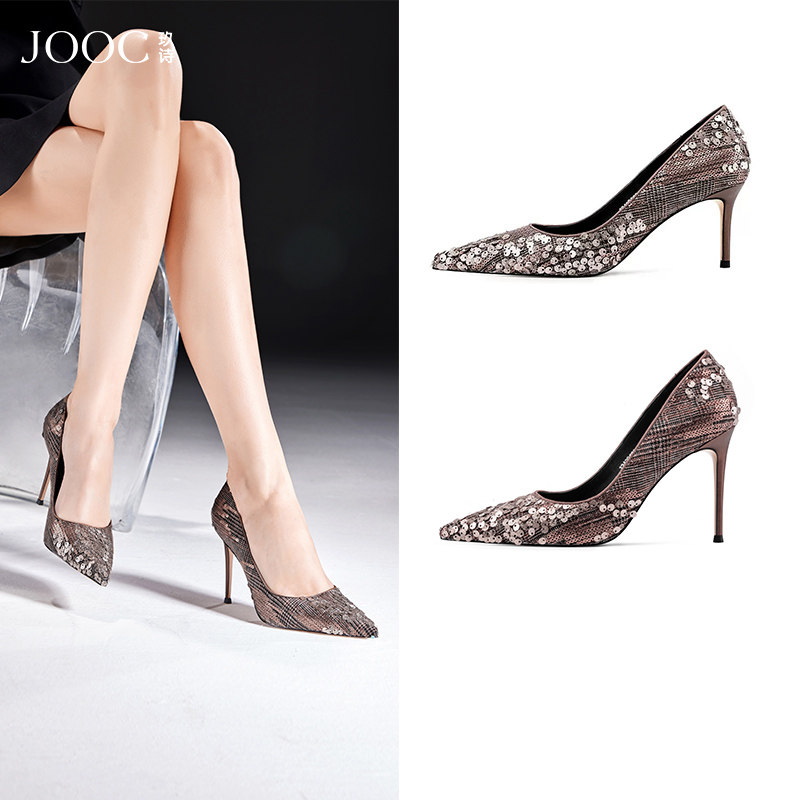 JOOC玖诗尖头高跟鞋女2025当季热卖气质亮片浅口单鞋宴会性感女鞋,女鞋,浅口单鞋,淘宝优惠券,粉丝福利购,淘宝优惠卷