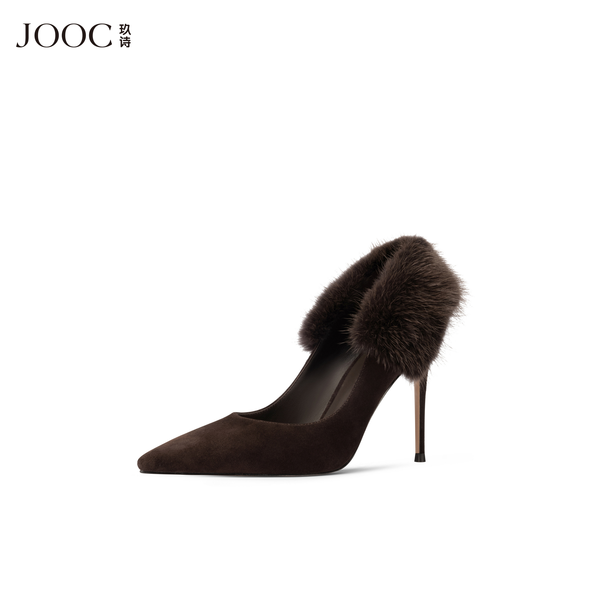 玖诗尖头细跟毛绒包跟高跟鞋