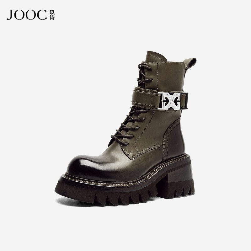 JOOC玖诗真皮马丁靴金属扣增高厚底短靴系带英伦风增高机车靴,女鞋,时装靴,淘宝优惠券,粉丝福利购,淘宝优惠卷