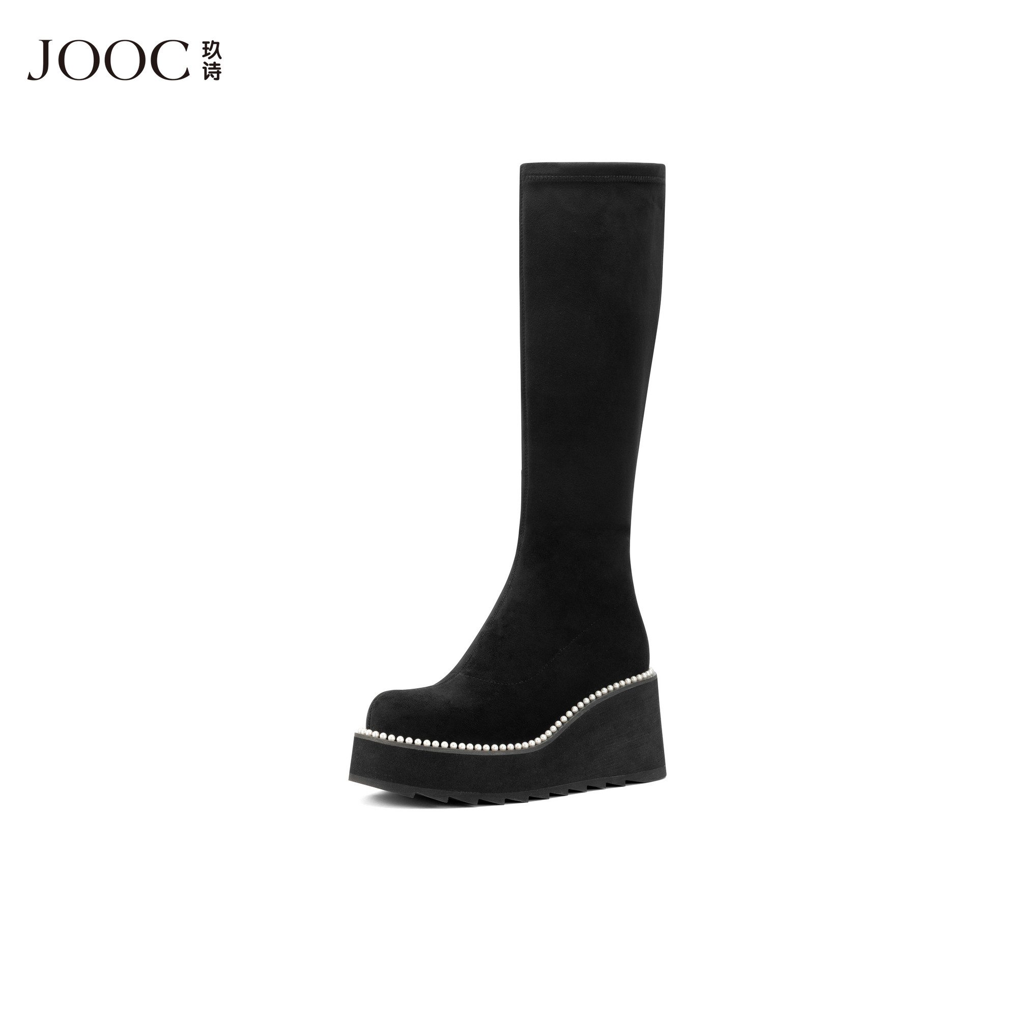 JOOC玖诗珍珠点缀时尚百搭高筒靴女2025冬季新款厚底坡跟弹力靴子