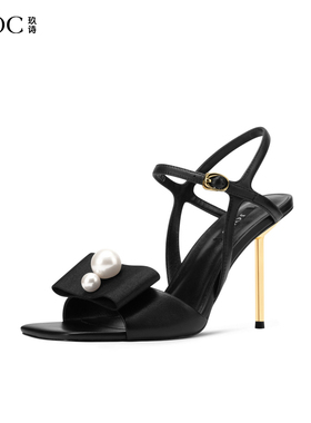 JOOC玖诗黑色方头高跟鞋2026夏季新款性感外穿细跟珍珠一字带凉鞋