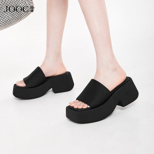 一字黑色厚底拖鞋女JOOC时尚凉拖