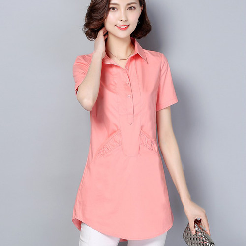 大码高端纯棉中长款短袖衬衫