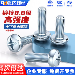 8.8级高强度镀锌十字圆头螺丝机螺钉盘头平尾螺栓M2M2.5M3M4M5M6