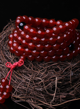 天然红玛瑙手链108颗多圈佛珠手串本命年红色玉髓念珠挂链