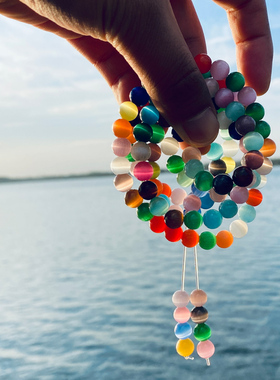 多宝108颗彩猫眼石手链多圈佛珠手串水晶女款饰品念珠猫眼手持链