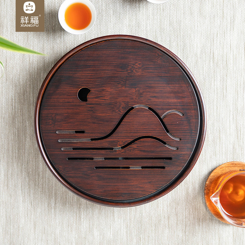 祥福圆形现代纯天然高端电木家用储水干泡台茶台托盘茶海茶几茶盘