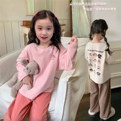 秋上新儿童卡通图案家居服女孩柔软长袖睡衣套装保暖德绒风冬季款