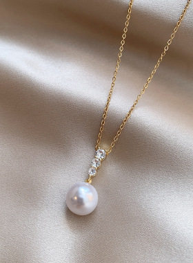 轻奢小众感简约单颗珍珠吊坠项链女精致微镶锆石钛钢锁骨链