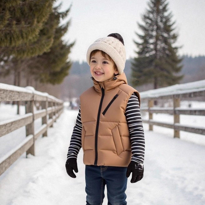 跨境亚马逊新款2025秋冬新款男女儿童加厚连帽马甲中长款背心棉服